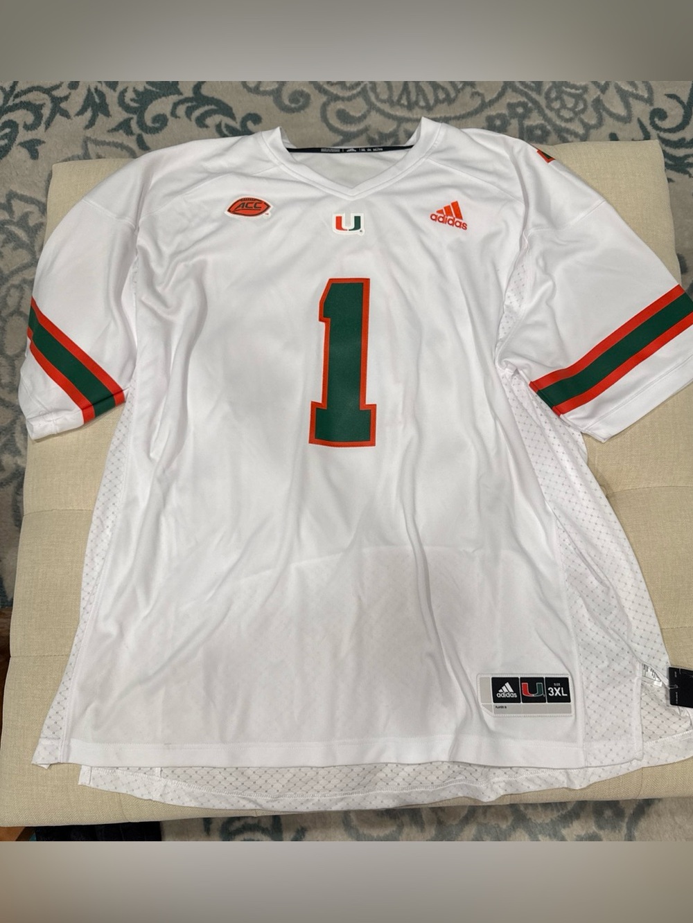adidas White Miami Hurricanes #1 Football Jersey with Green & Orange Trim